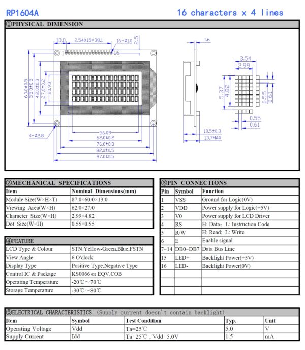 16x4 LCD Display, Character LCD Module 16 Pins datasheet
